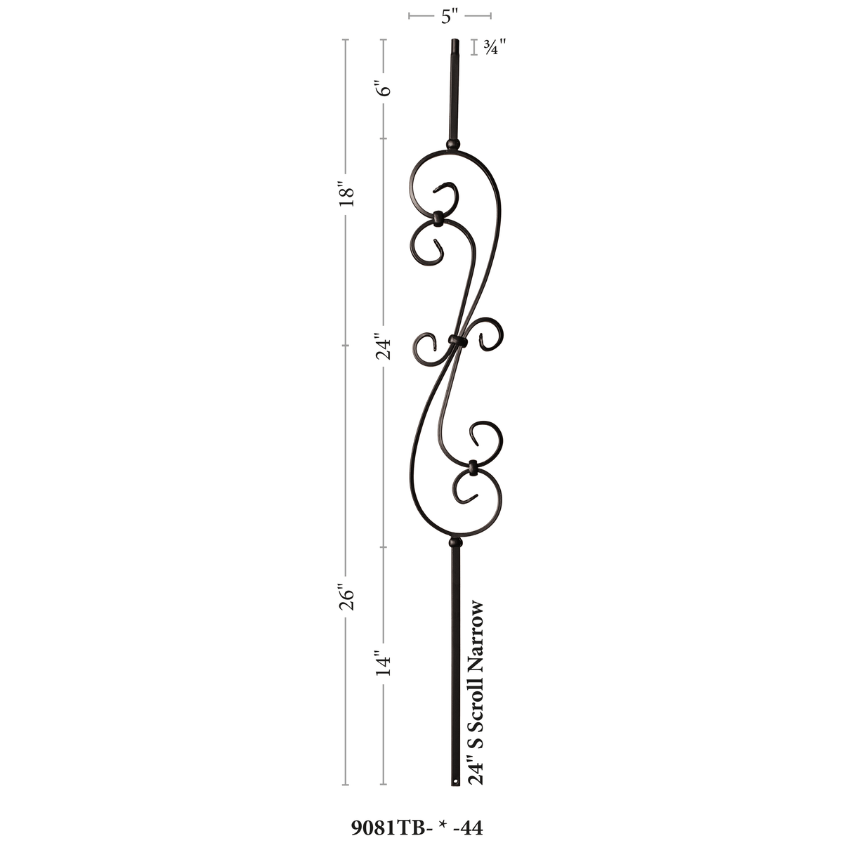 Scroll Series 1/2" Square x (5-3/8"W x 24"H) x 44"H Thin (1/4") Scroll Hollow Iron Baluster (9081)