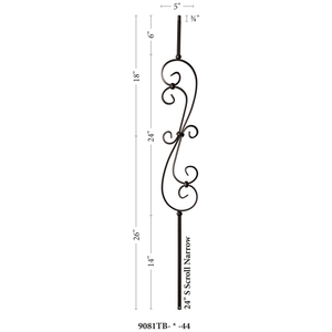 Scroll Series 1/2" Square x (5-3/8"W x 24"H) x 44"H Thin (1/4") Scroll Hollow Iron Baluster (9081)