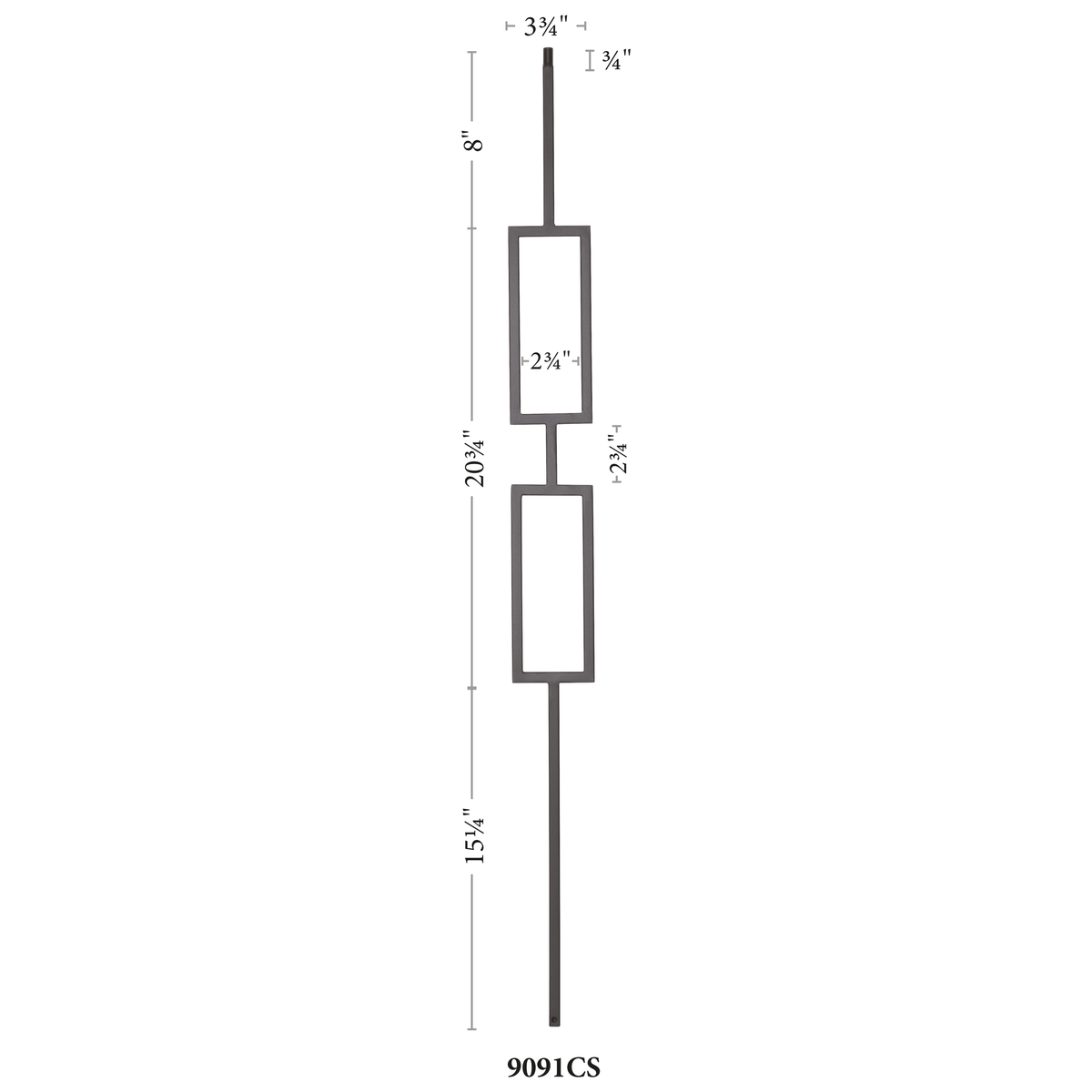 Contemporary Series 1/2" Square 3-3/4" x 44"H Double Rectangle Hollow Iron Baluster (9091CS)