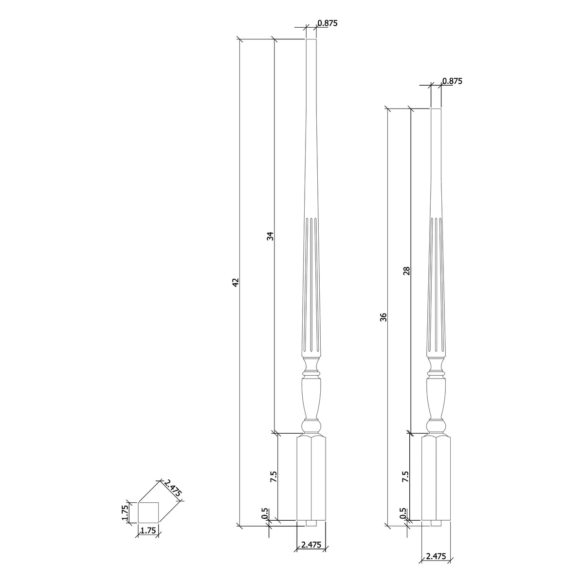 Georgia 1-3/4&quot; Structural Rise Pin Top Baluster / FLUTED (2515F)