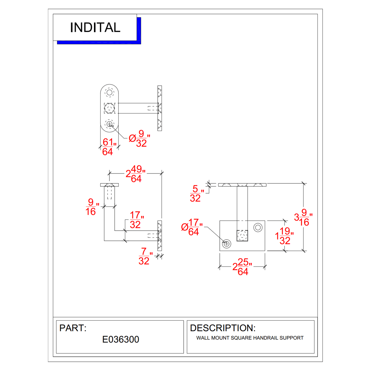 Stainless Steel Handrail Wall Mount Support for 1-14/25" Square Tube - Flat (E036300)