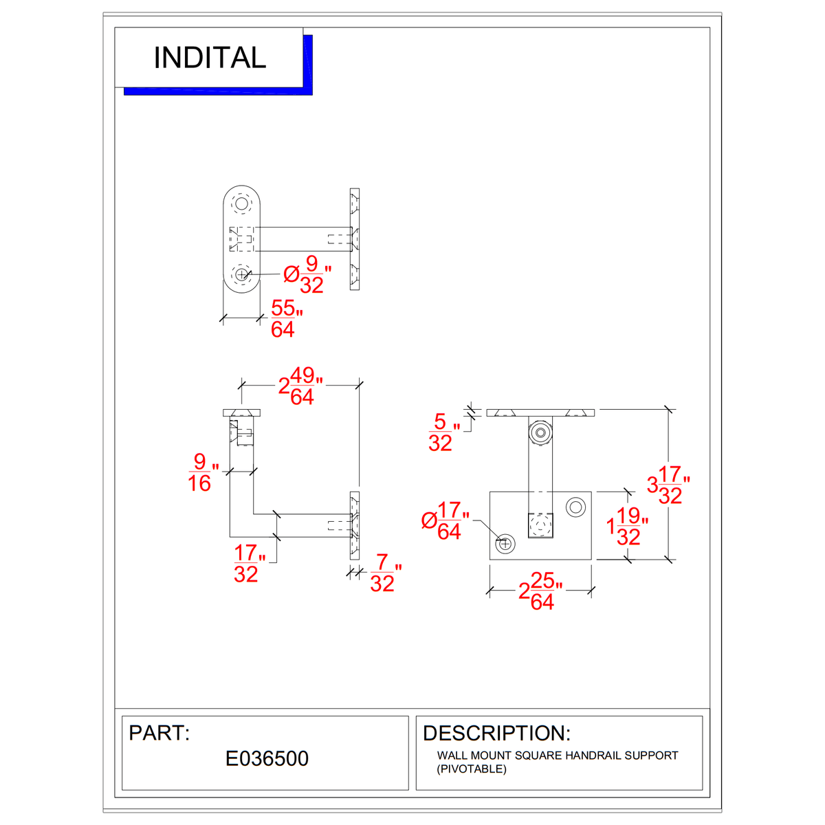 Pivotable Stainless Steel Handrail Wall Mount Support for 1-14/25&quot; Square Tube - Flat (E036500)