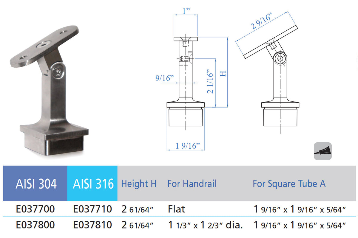 Pivotable Stainless Steel Handrail Support for 1-14/25&quot; Square Tube - Flat (E037700)