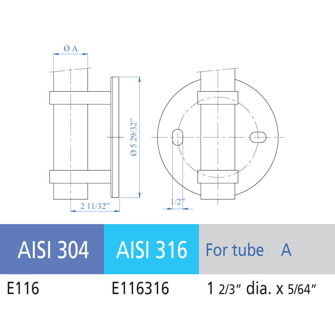 Stainless Steel Lateral Anchorage for 1-2/3" Dia. Round Tube (E116)
