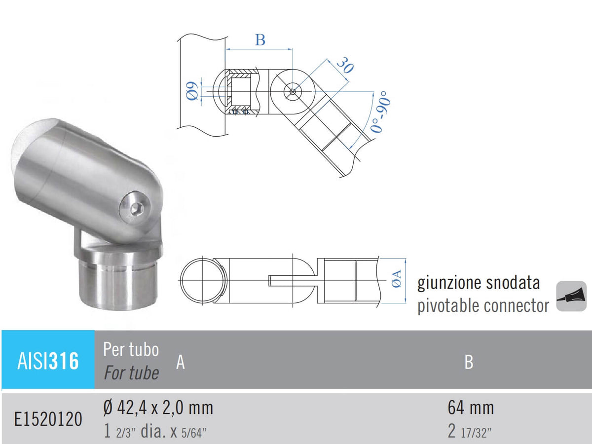 Pivotable Connector Fitting for 1-2/3&quot; Stainless Steel Newel Post and Handrail (E1520120)