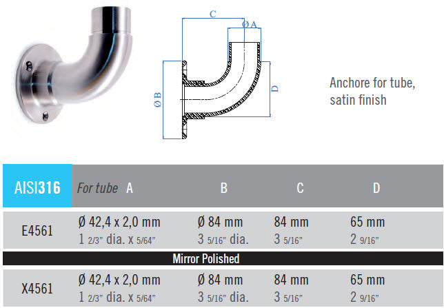 Curved Elbow with Mounting Plate for E001 Tubular Stainless Steel Handrail / 1 2/3&quot; Dia. x 5/64&quot; (E4561)