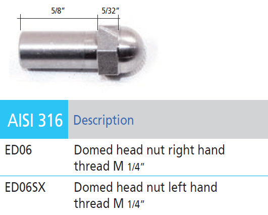 Stainless Steel Domed Head Nut (Right or Left) Thread M6 (ED06, ED06SX)