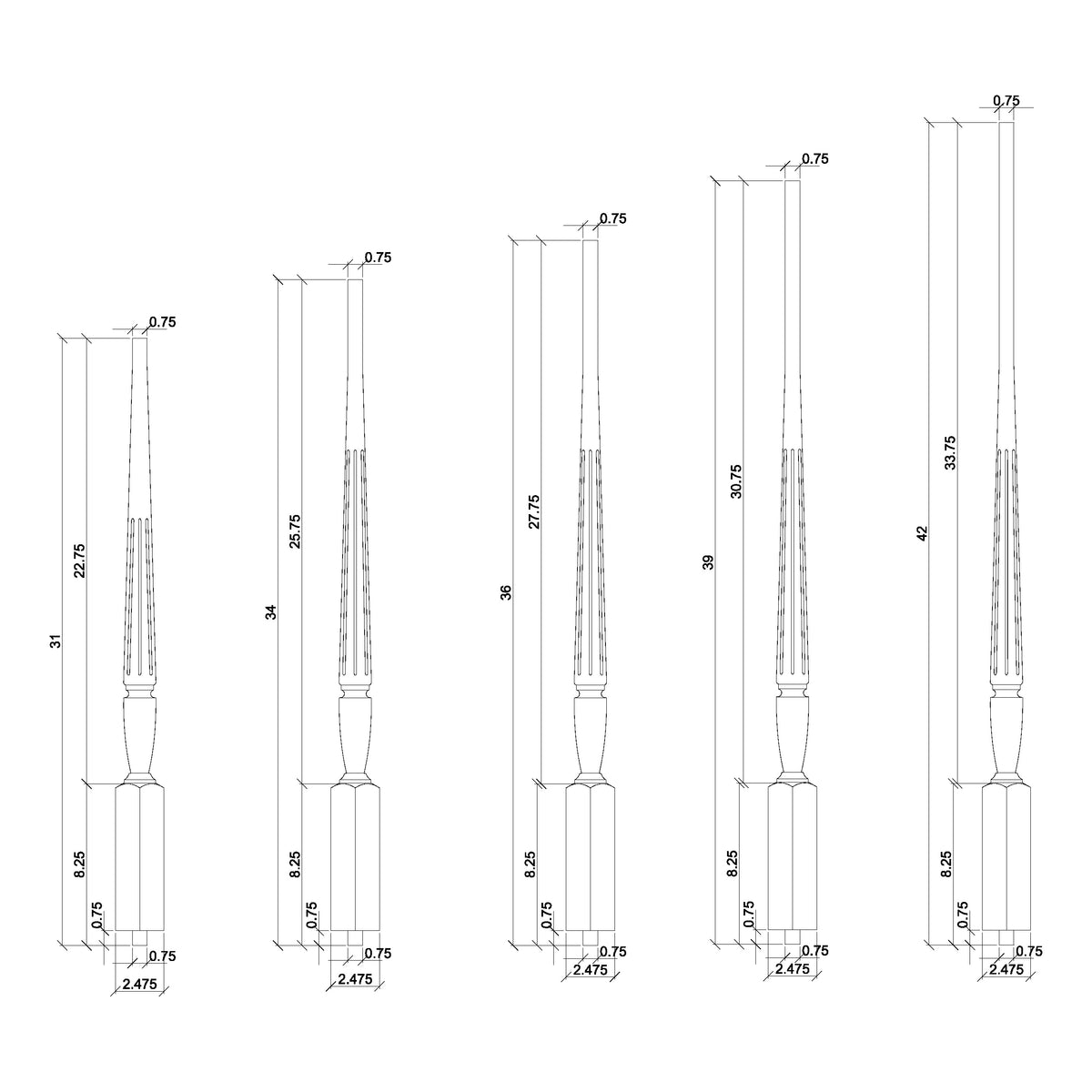Bunker Hill 1-3/4&quot; Structural Rise FLUTED Pin Top Baluster (2015F)