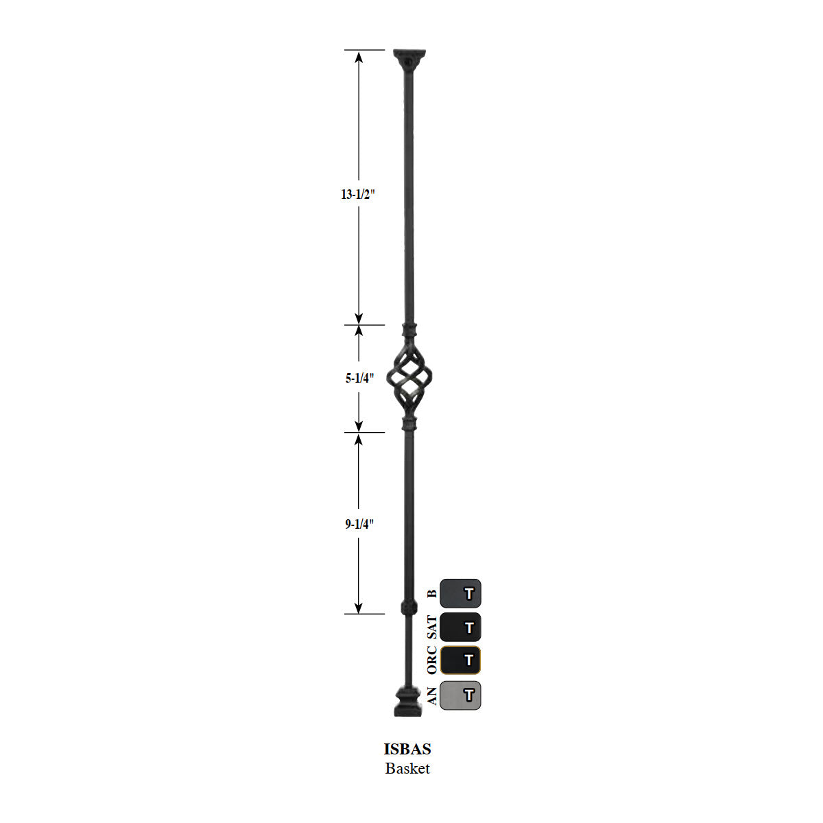 &quot;Ole Iron Slides&quot; 1/2&quot; Square x 30&quot;-38&quot;H Single Basket Adjustable Hollow Iron Baluster (ISBAS)