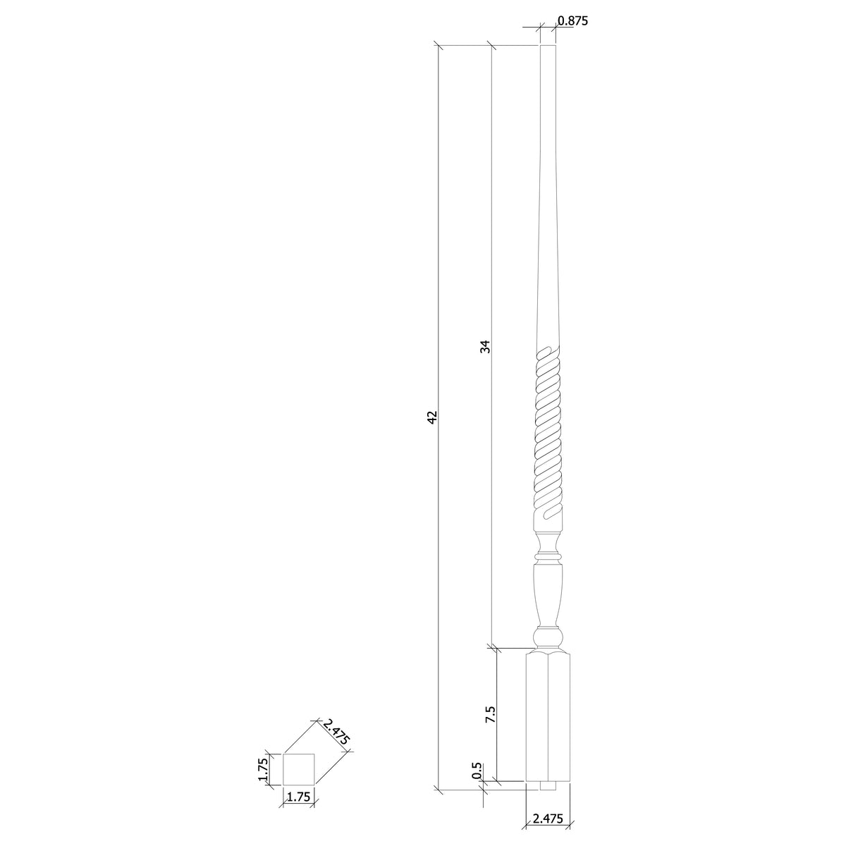 Georgia 1-3/4&quot; Structural Rise Pin Top Baluster / TWISTED (2515T)