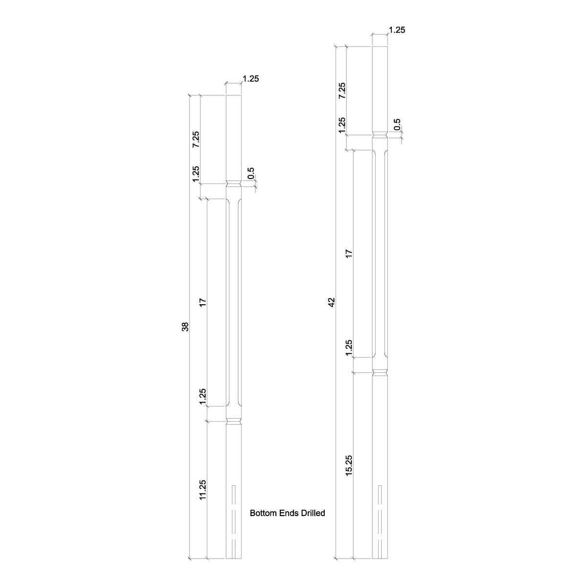 Contemporary Elegant Rise Chamfered Square Top Baluster in 1-1/4&quot; or 1-3/4&quot; (5034C, 5038C, 5042C, 5334C, 5338C, 5342C)