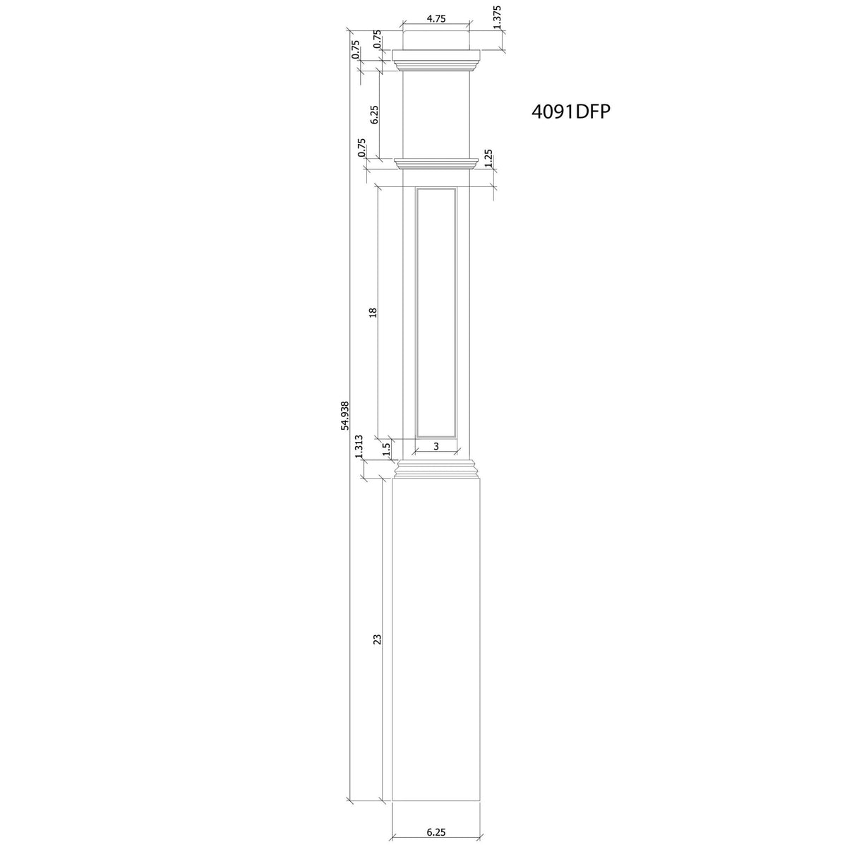 American 6 - 1/4&quot; X 55&quot; 4091FP Recessed Flat Panel Box Newel (4091FP, 4091DFP) - Stair Parts USA