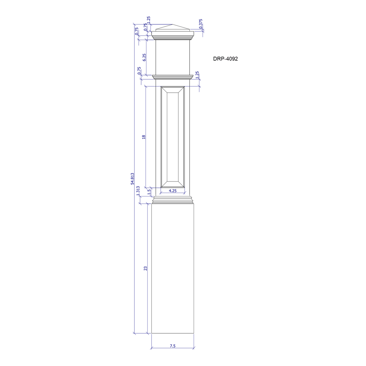 American 7 - 1/2&quot; X 55&quot; 4092RP Raised Panel Box Newel (4092RP, 4092DRP) - Stair Parts USA