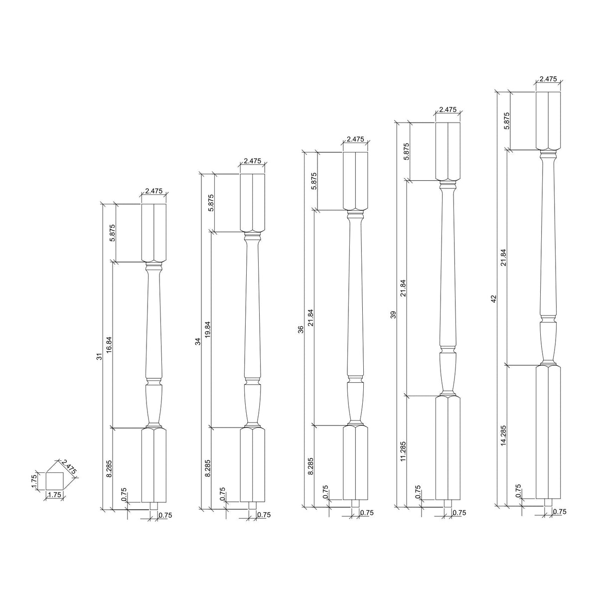 Bunker Hill 1 - 3/4&quot; 2005 Structural Rise Twisted (1 - 2 Weeks) Square Top Baluster (2005T) - Stair Parts USA