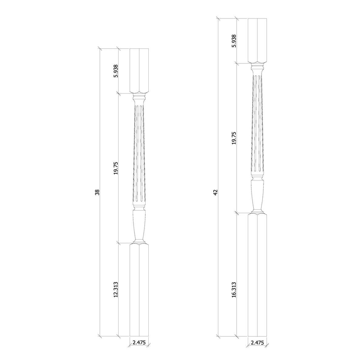 Bunker Hill 1 - 3/4&quot; 2234F Elegant Rise FLUTED Square Top Baluster (2234F, 2238F, 2242F) - Stair Parts USA