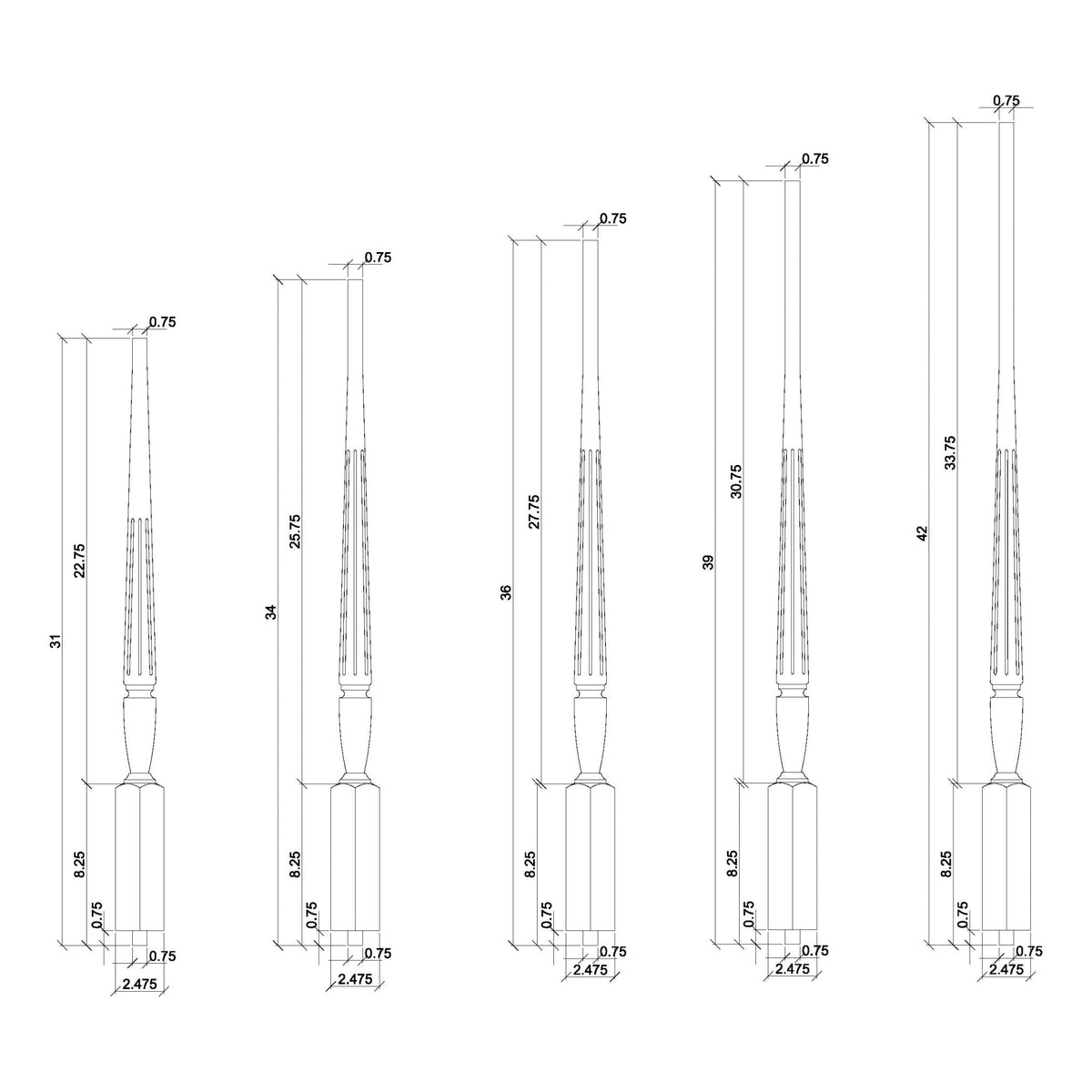 Bunker Hill 1 - 3/4&quot; Structural Rise FLUTED Pin Top Baluster (2015F) - Stair Parts USA