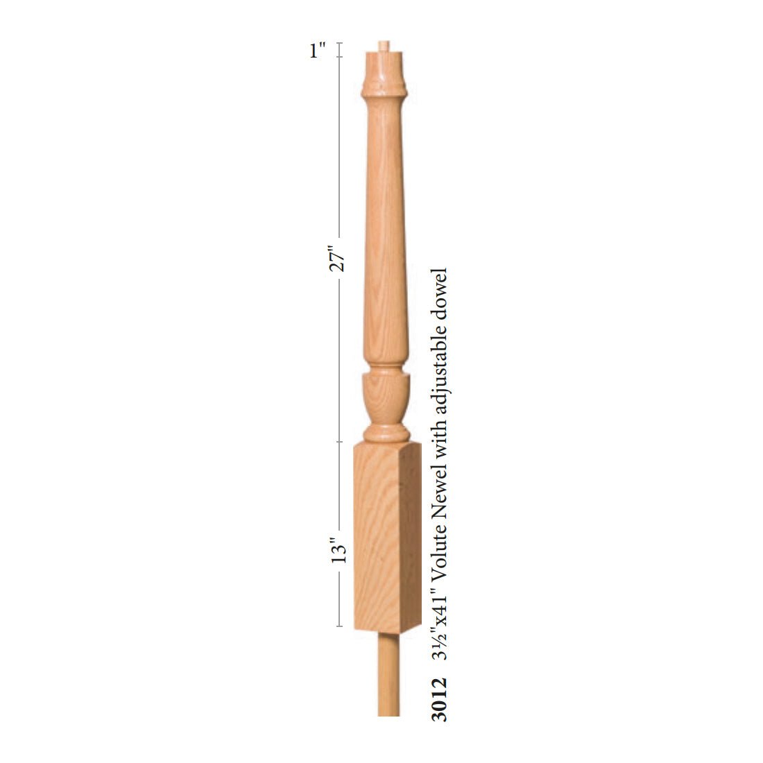 Bunker Hill 3 - 1/2&quot; 3012 Pin Top Turned Newel w/Adjustable Dowel (3012, 3012F, 3012T) - Stair Parts USA