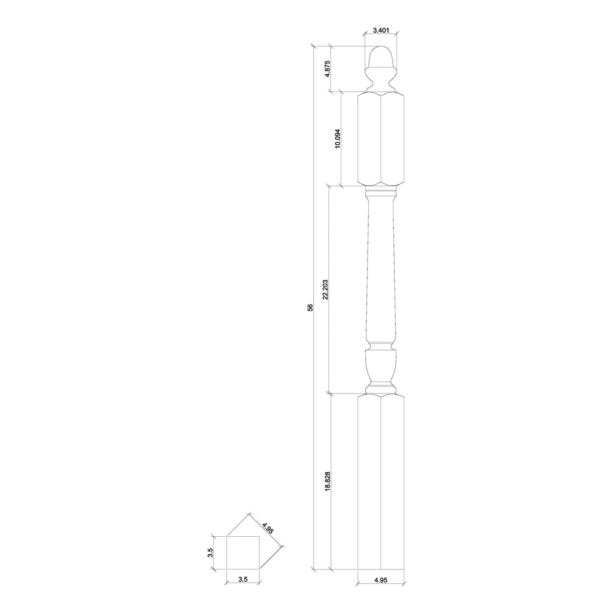 Bunker Hill 3 - 1/2&quot; 3045 Turned Newel w/ Acorn Top (3045, 3045F, 3045T) - Stair Parts USA