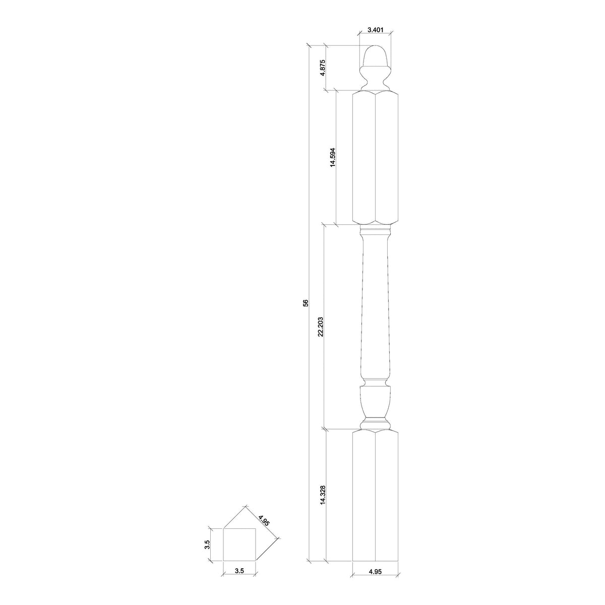 Bunker Hill 3 - 1/2&quot; 3046 Long Block Turned Newel w/ Acorn Top (3046, 3046F, 3046T) - Stair Parts USA