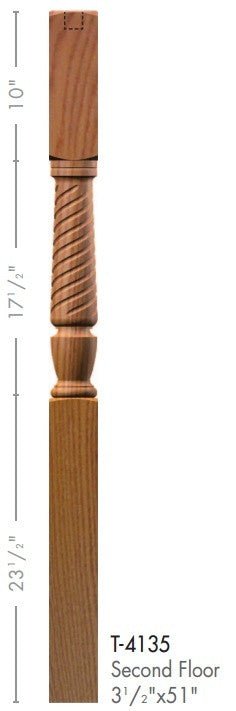 Bunker Hill 3 - 1/2&quot; 4135 Turned Newel (used w/ Interchangeable Finials) (4135, 4135F, 4135T) - Stair Parts USA