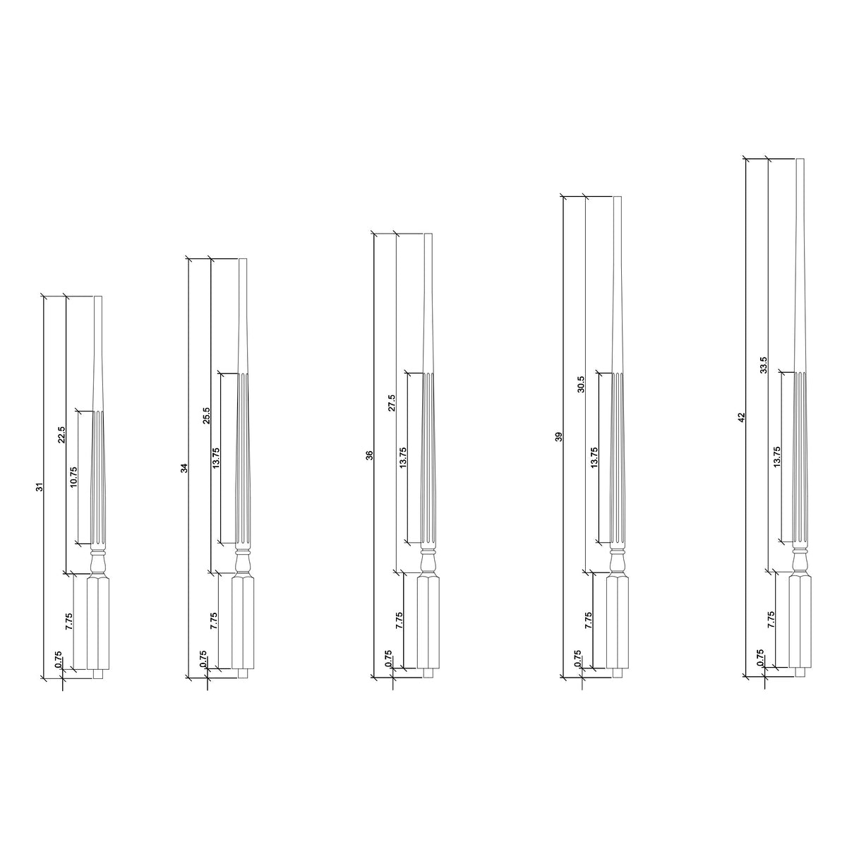 Colonial 1 - 1/4&quot; 5015F Structural Rise FLUTED Pin Top Baluster (5015F) - Stair Parts USA
