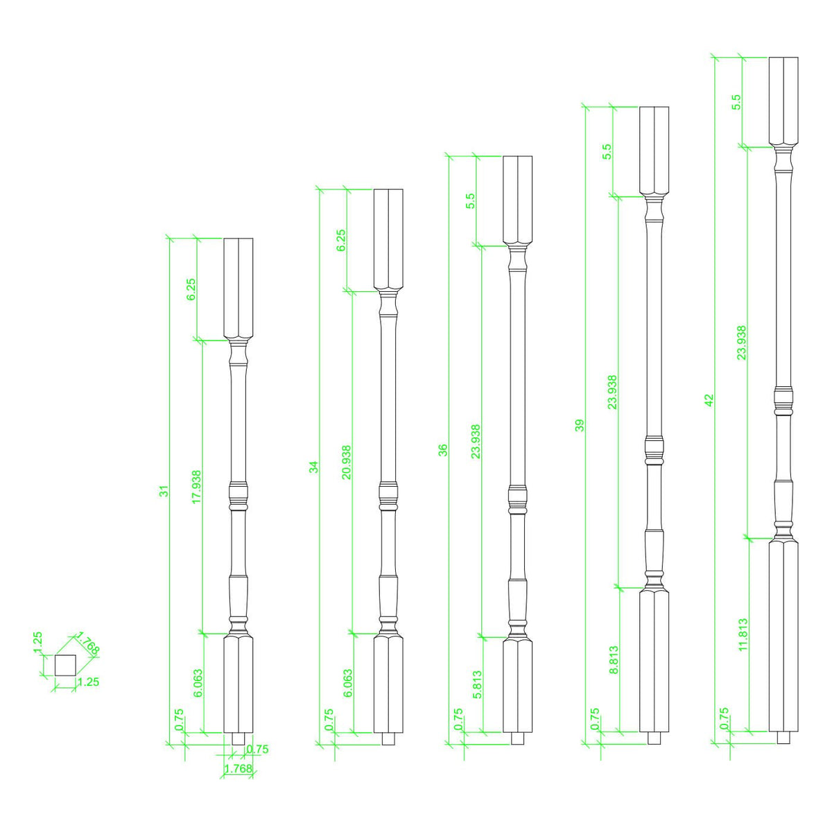 Colonial 1 - 1/4&quot; 5067 Elegant Rise Square Top Baluster - Stair Parts USA