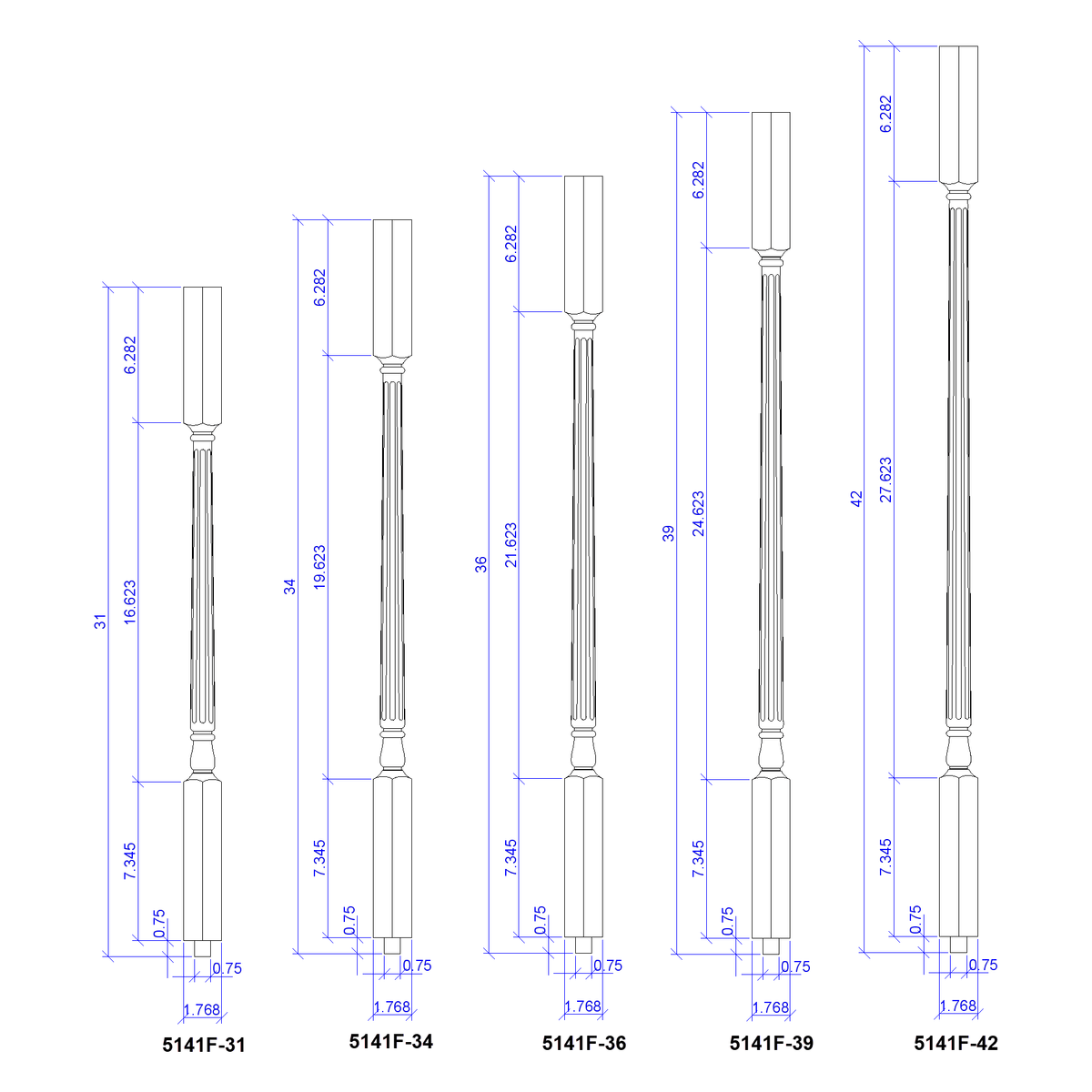 Colonial 1 - 1/4&quot; 5141 Structural Rise Square Top Baluster - Stair Parts USA