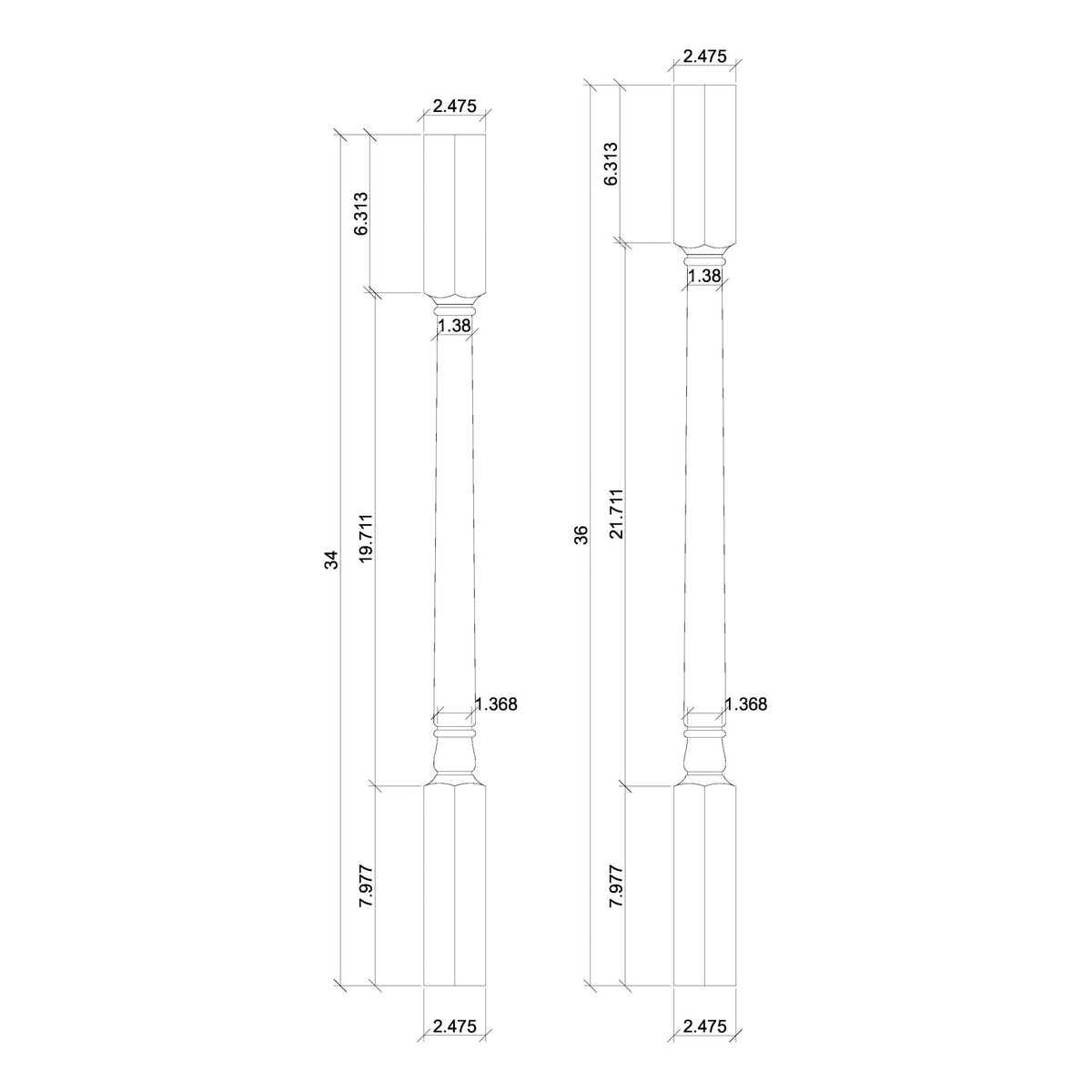 Colonial 1 - 3/4&quot; 5241 Structural Rise Square Top Baluster - Stair Parts USA