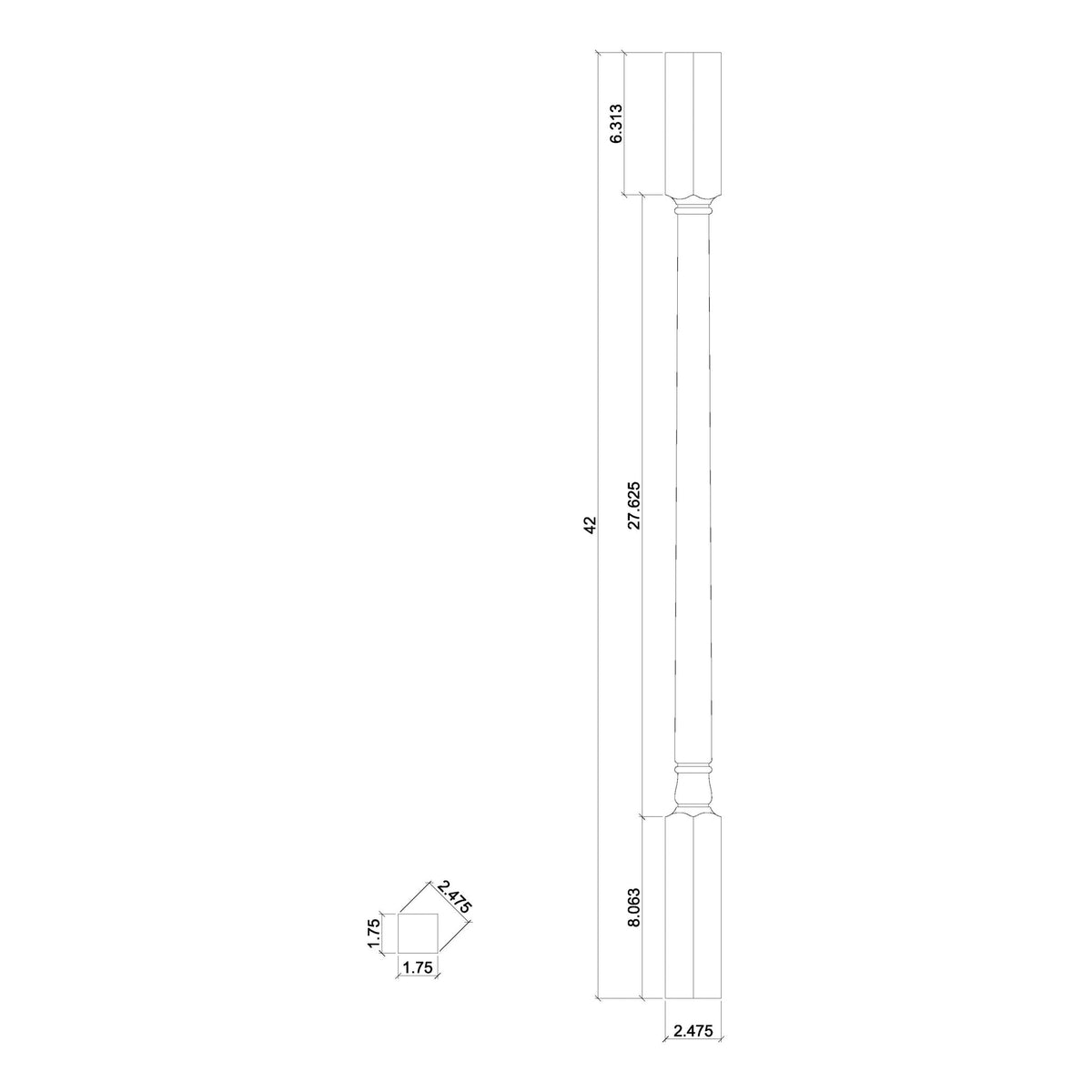 Colonial 1 - 3/4&quot; 5241 Structural Rise Square Top Baluster - Stair Parts USA