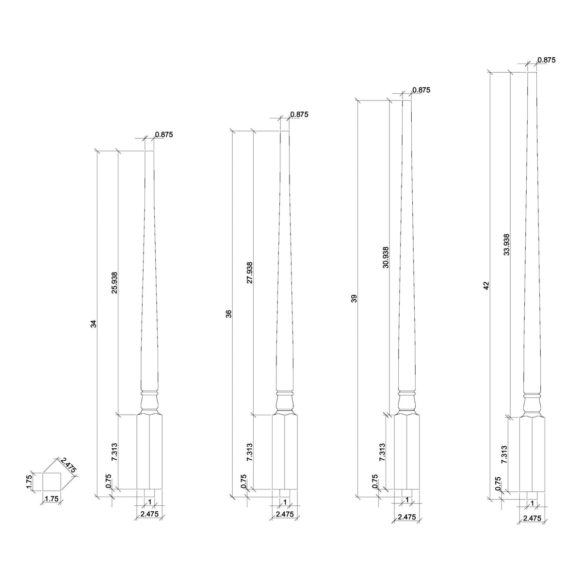 Colonial 1 - 3/4&quot; 5315F Structural Rise FLUTED Pin Top Baluster - Stair Parts USA