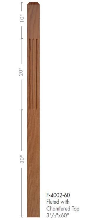 Contemporary 3 - 1/2&quot; 4002 - F FLUTED Newel w/Chamfered Top (4002 - 48F, 4002 - 60F) - Stair Parts USA