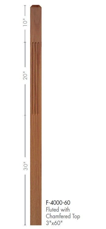 Contemporary 3&quot; 4000 - F Fluted Newel w/Chamfered Top (4000 - 48F, 4000 - 60F) - Stair Parts USA