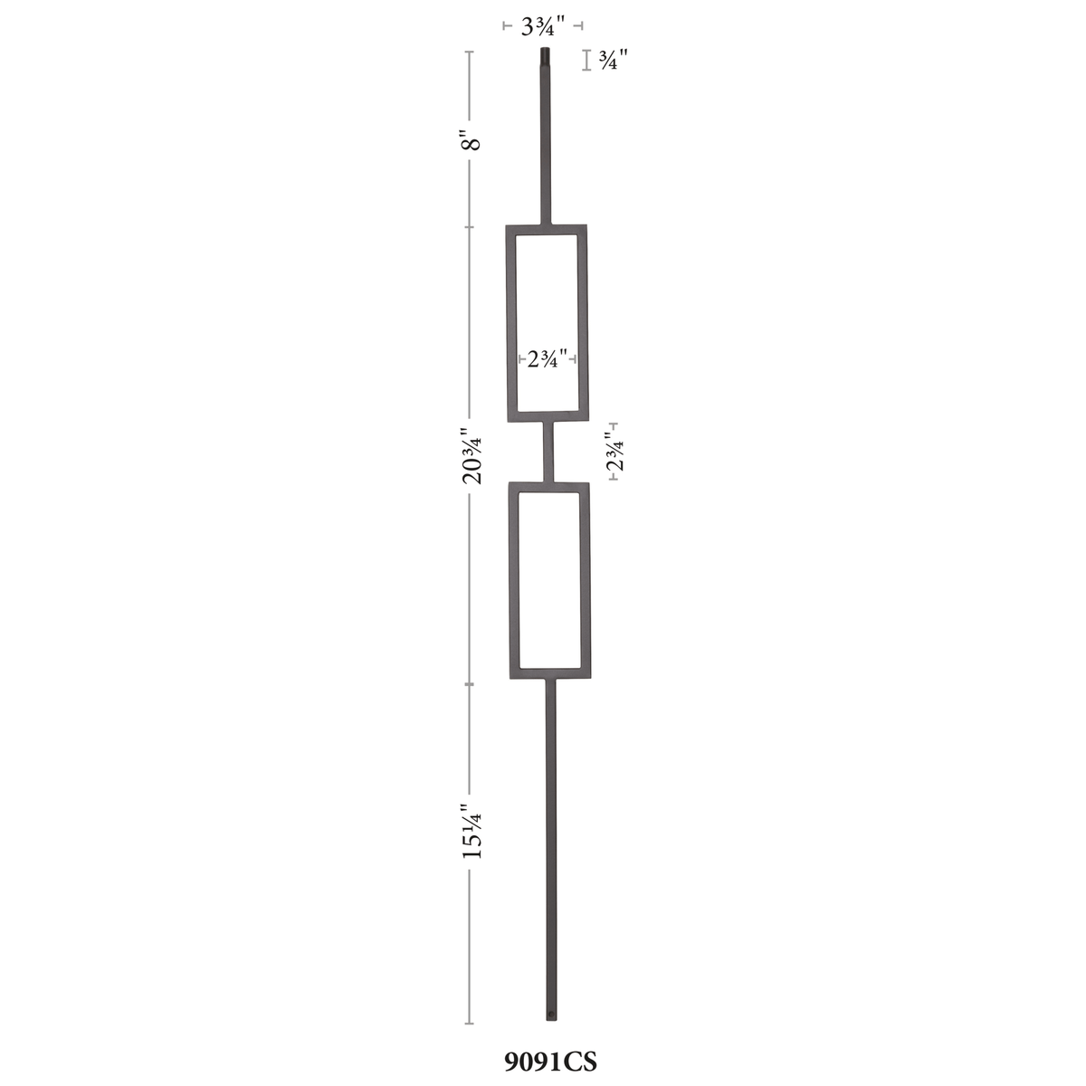 Contemporary Series 1/2" Square 3 - 3/4" x 44"H Double Rectangle Hollow Iron Baluster (9091CS) - Stair Parts USA