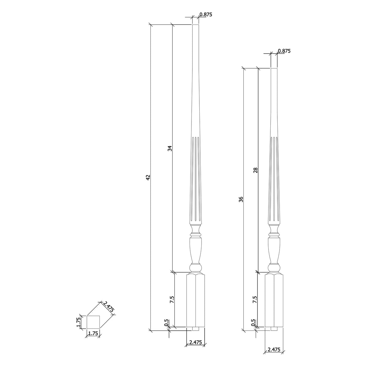 Georgia 1 - 3/4&quot; Structural Rise Pin Top Baluster / FLUTED (2515F) - Stair Parts USA