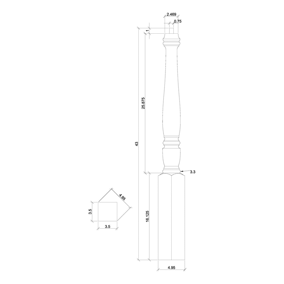 Georgia 3 - 1/2&quot; x 43&quot; 4510 Pin Top Turned Newel (4510, 4510F, 4510T) - Stair Parts USA