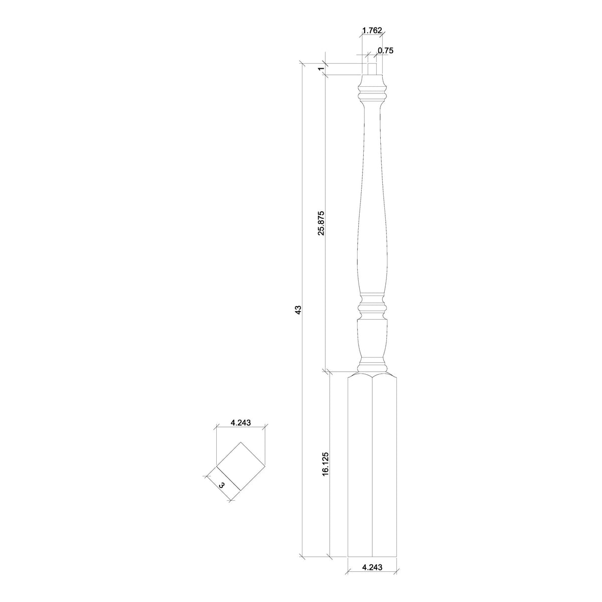 Georgia 3&quot; x 43&quot; 4710 Pin Top Turned Newel (4710, 4710F, 4710T) - Stair Parts USA