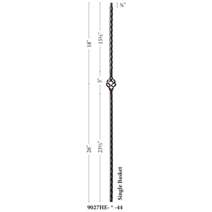 Hammered Edge Series 9/16" Square x 44"H Single Basket with Hammered Edge Hollow Iron Baluster (9027HE) - Stair Parts USA