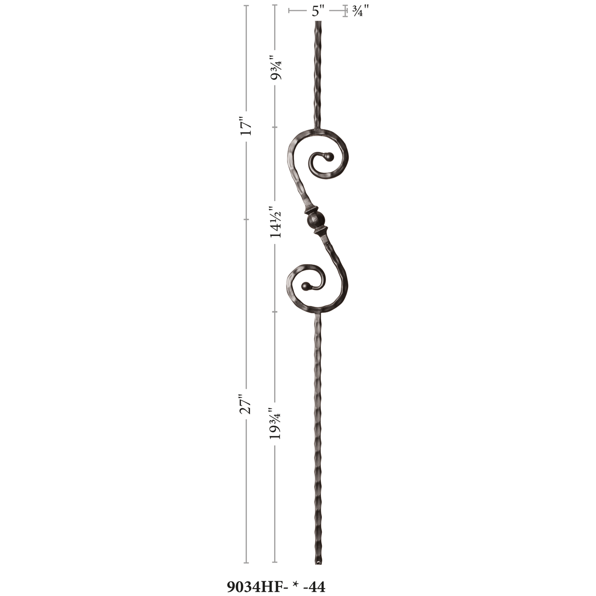 Hammered Face Series 9/16&quot; Square x 44 - 3/32&quot;H 5&quot; x 14 - 1/2&quot; &quot;S&quot; Scroll and Ball with Hammered Face - Hollow Iron Baluster (9034HF) - Stair Parts USA
