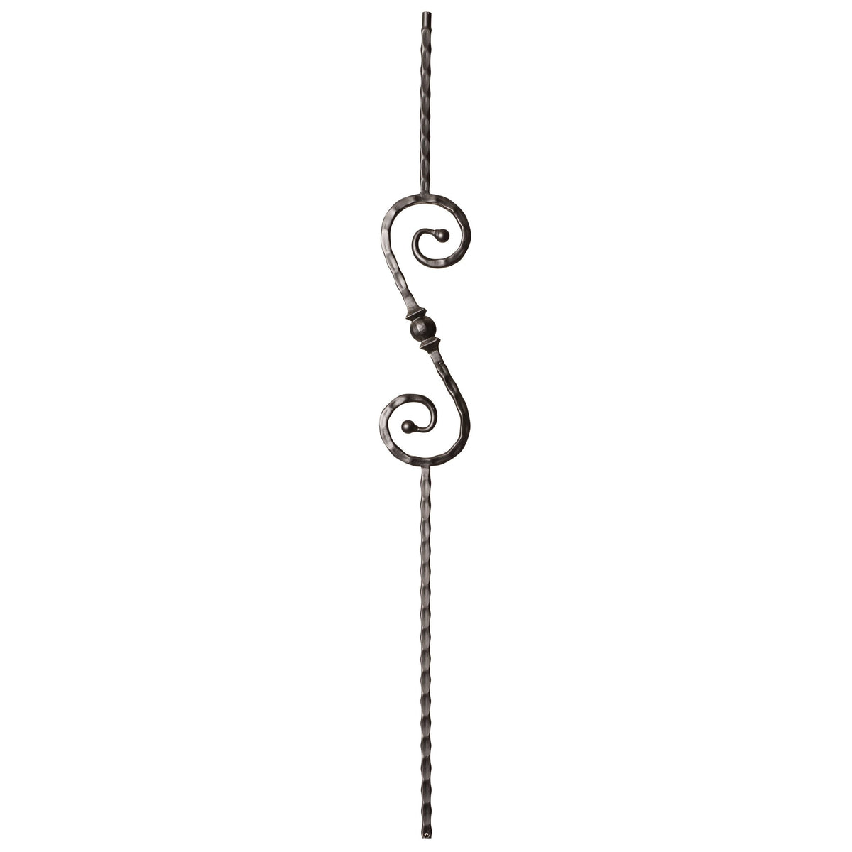 Hammered Face Series 9/16&quot; Square x 44 - 3/32&quot;H 5&quot; x 14 - 1/2&quot; &quot;S&quot; Scroll and Ball with Hammered Face - Hollow Iron Baluster (9034HF) - Stair Parts USA