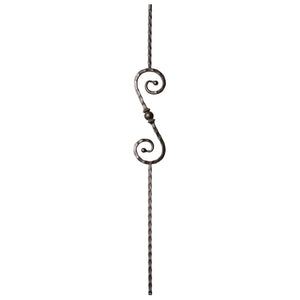 Hammered Face Series 9/16" Square x 44 - 3/32"H 5" x 14 - 1/2" "S" Scroll and Ball with Hammered Face - Hollow Iron Baluster (9034HF) - Stair Parts USA