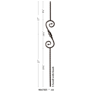 Hammered Face Series 9/16" Square x 44 - 3/32"H 5" x 14.5" "S" Scroll and Knob with Hammered Face - Hollow Iron Baluster (9047HF) - Stair Parts USA