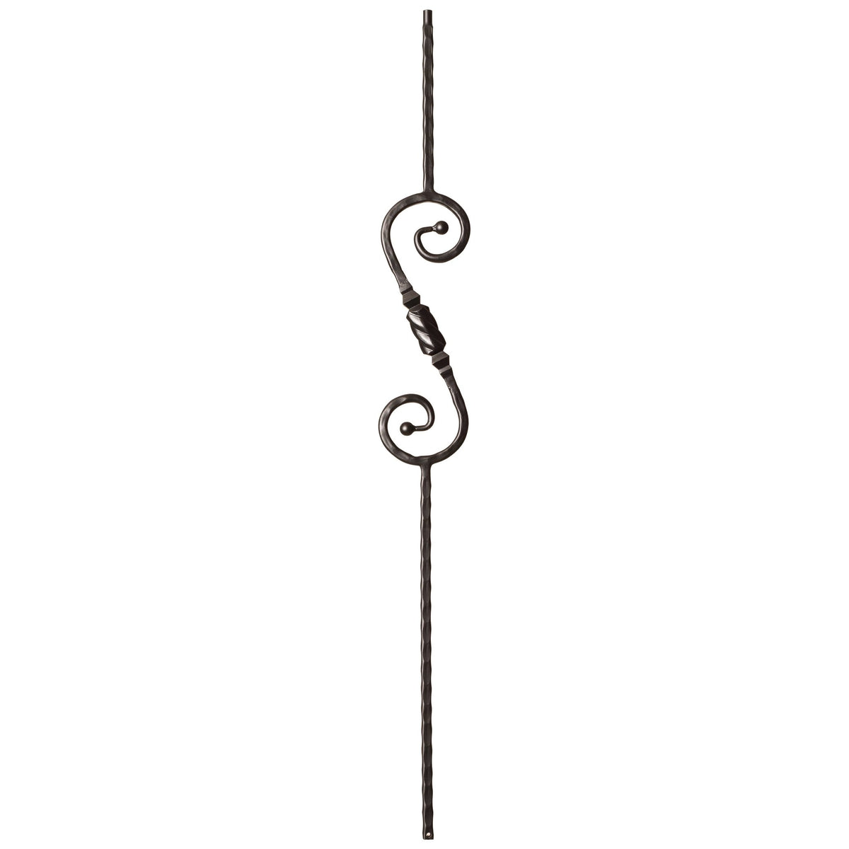 Hammered Face Series 9/16&quot; Square x 44 - 3/32&quot;H 5&quot; x 14.5&quot; &quot;S&quot; Scroll and Knob with Hammered Face - Hollow Iron Baluster (9047HF) - Stair Parts USA