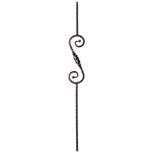 Hammered Face Series 9/16" Square x 44 - 3/32"H 5" x 14.5" "S" Scroll and Knob with Hammered Face - Hollow Iron Baluster (9047HF) - Stair Parts USA