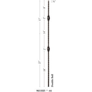 Hammered Face Series 9/16" Square x 44 - 3/32"H Double Ball with Hammered Face - Hollow Iron Baluster (9033HF) - Stair Parts USA