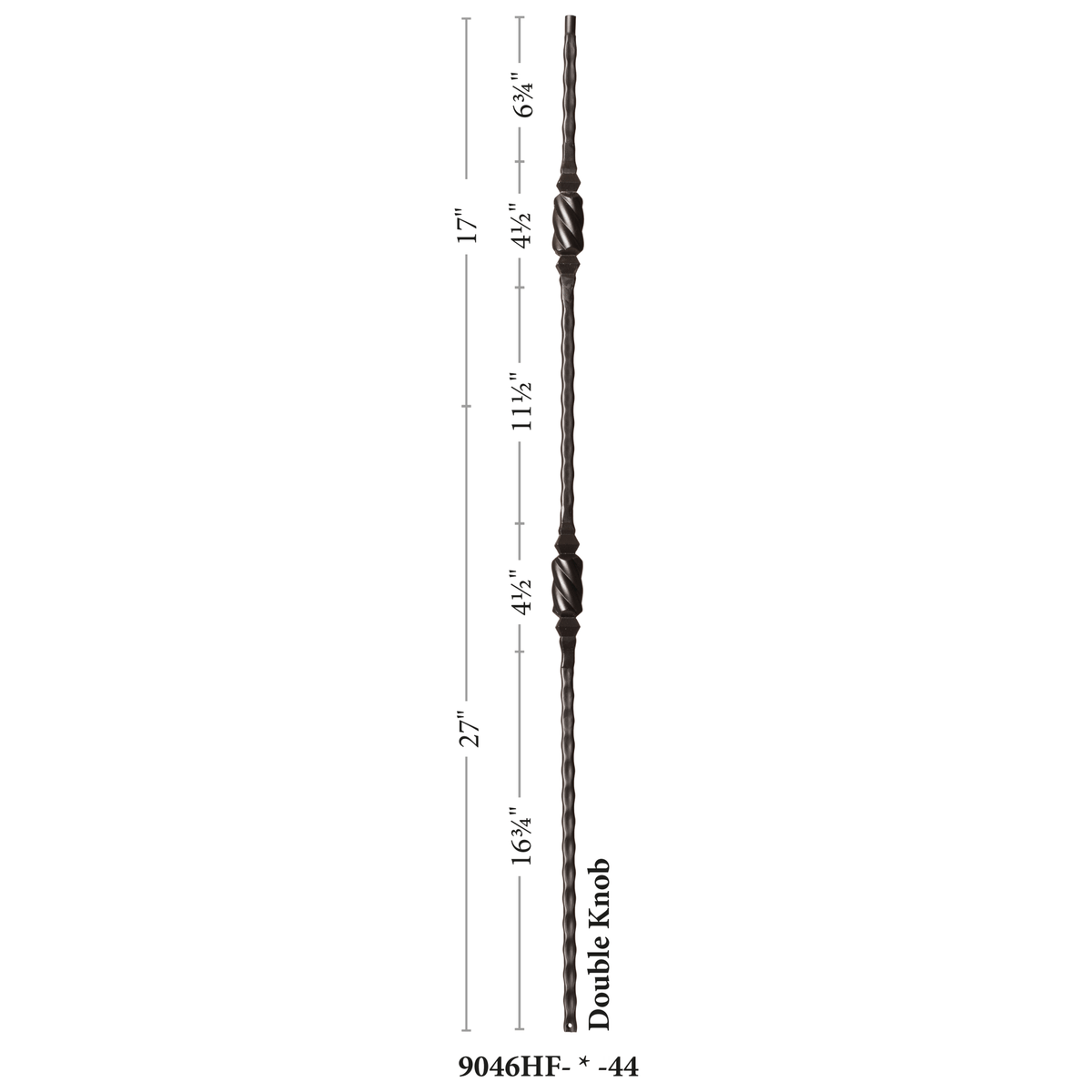 Hammered Face Series 9/16&quot; Square x 44 - 3/32&quot;H Double Knob with Hammered Face - Hollow Iron Baluster (9046HF) - Stair Parts USA