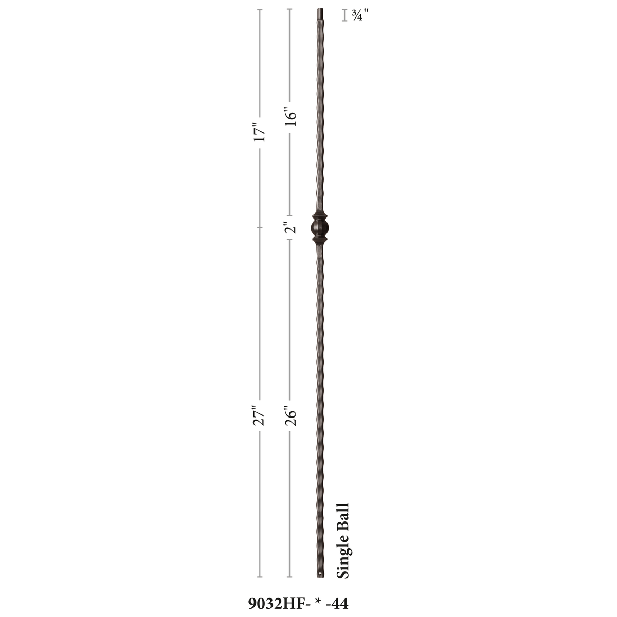 Hammered Face Series 9/16&quot; Square x 44 - 3/32&quot;H Single Ball with Hammered Face - Hollow Iron Baluster (9032HF) - Stair Parts USA