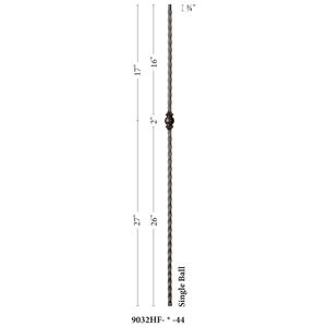 Hammered Face Series 9/16" Square x 44 - 3/32"H Single Ball with Hammered Face - Hollow Iron Baluster (9032HF) - Stair Parts USA