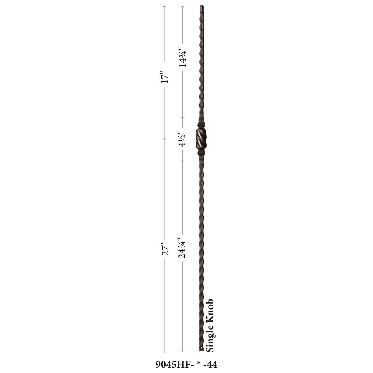 Hammered Face Series 9/16&quot; Square x 44 - 3/32&quot;H Single Knob with Hammered Face - Hollow Iron Baluster (9045HF) - Stair Parts USA