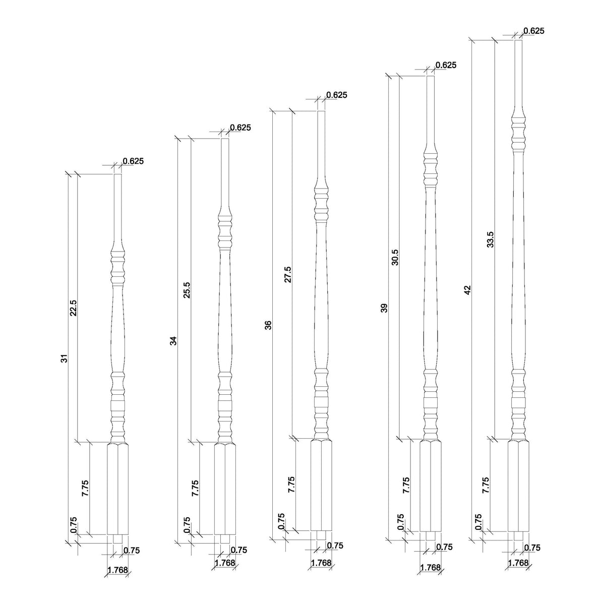 Hampton 1 - 1/4&quot; 5200 Structural Rise Pin Top Baluster - Stair Parts USA