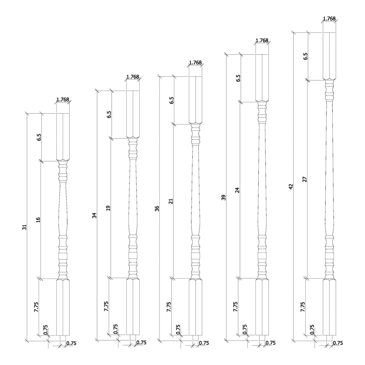 Hampton 1 - 1/4&quot; 5205 Structural Rise Square Top Baluster - Stair Parts USA